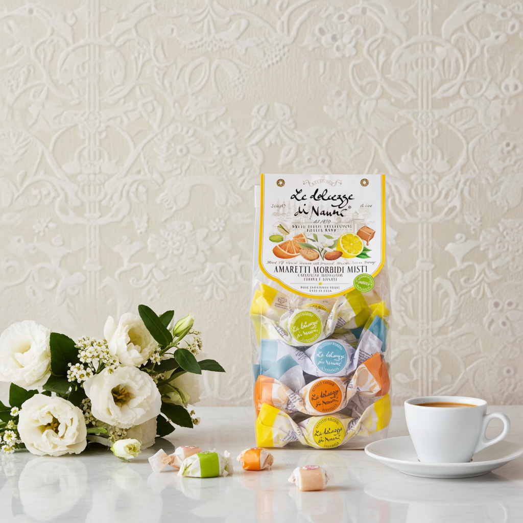 Italienische weiche Amaretti – Mix Beutel (12 Stück / 240g) – Zitrone, Orange, Karamell & Pistazie