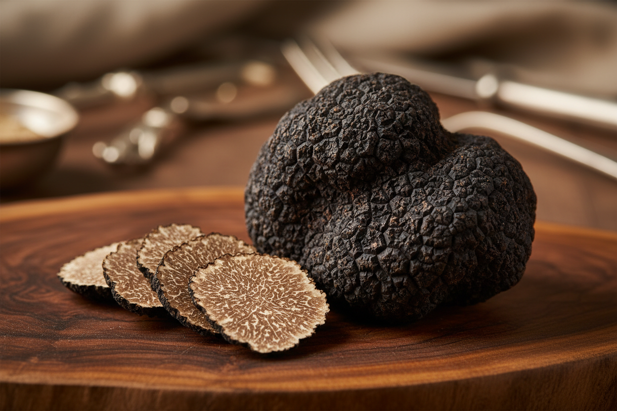 Fotografia professionale di un tartufo nero pregiato italiano, intero e affettato, con superficie rugosa ben definita e dettagli ultra realistici.
Il tartufo è appoggiato su una superficie in legno scuro naturale, con luci morbide e calde che ne esaltano la texture e il colore intenso.
Atmosfera lussuosa, gourmet e raffinata, stile alta cucina italiana.
Sfondo leggermente sfocato (bokeh), toni naturali ed eleganti.
Qualità alta risoluzione, stile fotografia food premium, perfetta per Shopify, e-commerce di