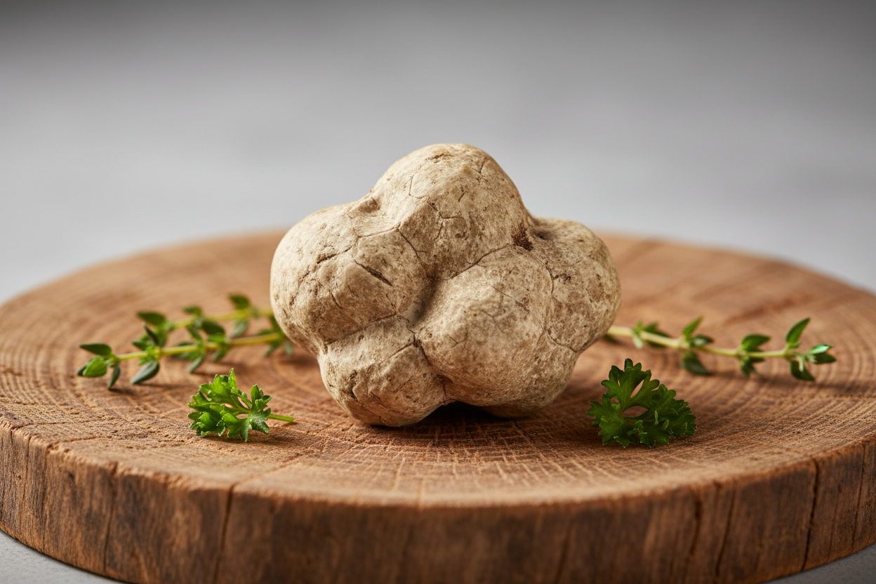 Un elegante tartufo bianco fresco, posato su un piatto rustico in legno, con una decorazione minimalista di erbe fresche. Luci calde e morbide per evidenziare la texture e i dettagli del tartufo. Stile fotografico professionale da food photography, sfondo neutro chiaro, atmosfera gourmet e raffinata, ideale per un’e-mail marketing di prodotti di lusso.