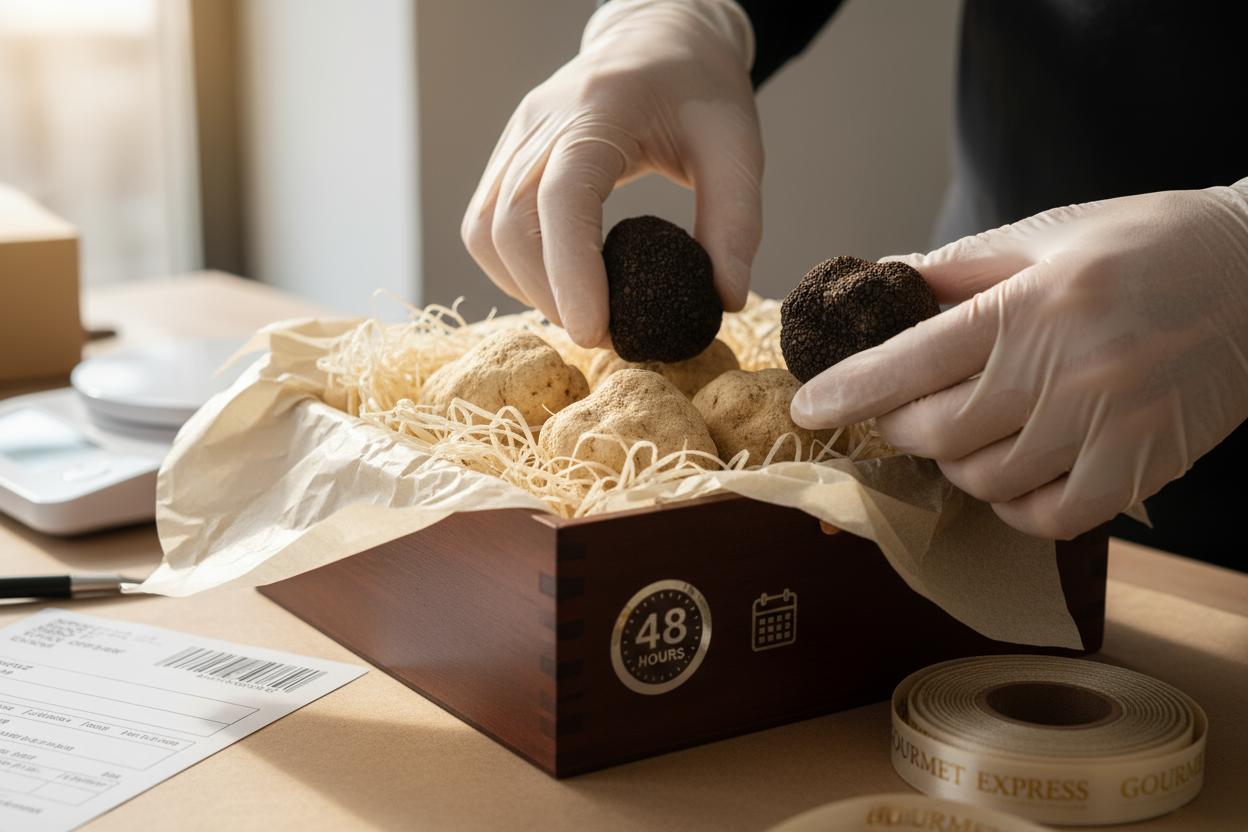 Schneller Versand: Wir verpflichten uns, Ihre frische Trüffel innerhalb von 48 Stunden nach der Bestellung zu versenden. So können Sie den authentischen Geschmack unserer frischen Trüffel so schnell wie möglich genießen.Wir versenden am Wochenende keine Pakete, um Verzögerungen bei der Lieferung zu vermeiden. Wenn der Käufer jedoch wünscht, das Paket am Wochenende zu erhalten, kann er das Risiko übernehmen, und wir werden auf seine Anfrage hin mit dem Versand fortfahren.Sichere Verpackung: Die Trüffel werde
